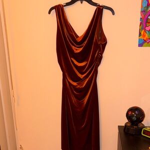 Elegant Orange Velvet Draped Sleeveless Dress